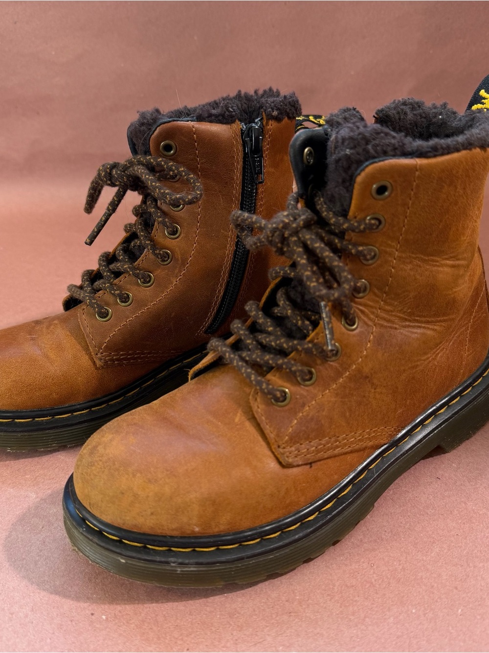 Dr. Martens 1460 Serena Brown Leather Lace-Up Faux Fur-Lined Boots Kids Size 1